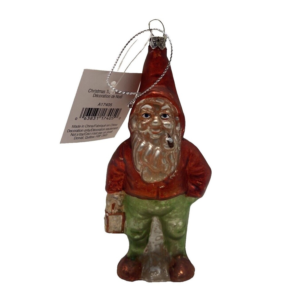 Silver Tree Ornament Hand blown Glass Santa Gnome with Mushroom Lantern 6 in NWT